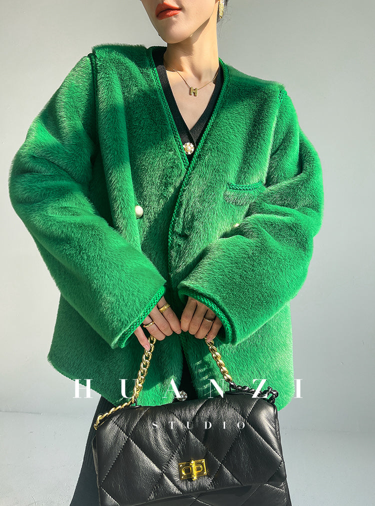 Huanzi green imitation fur autumn winter coat - Miiw