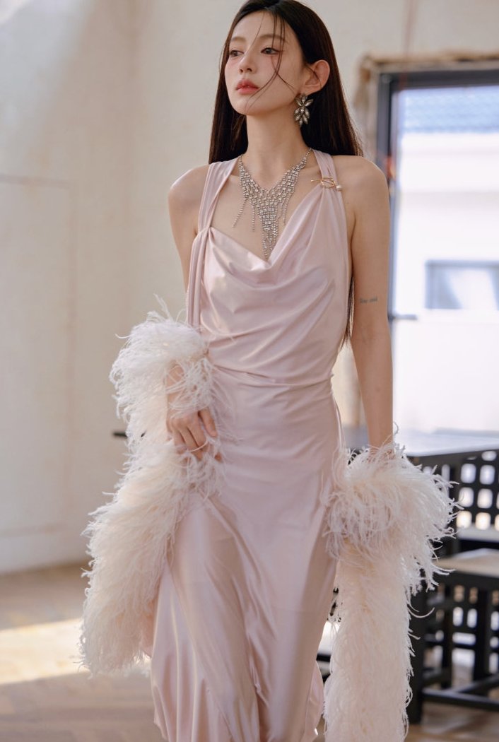 DOLLY Luxury Rose Stain Sleeveless Backless Pleated Long Banquet Dress-Fago