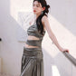 DOLLY Elegant Metallic Gray Skin Revealing Tube Top Long Dinner Dress-NIKITA