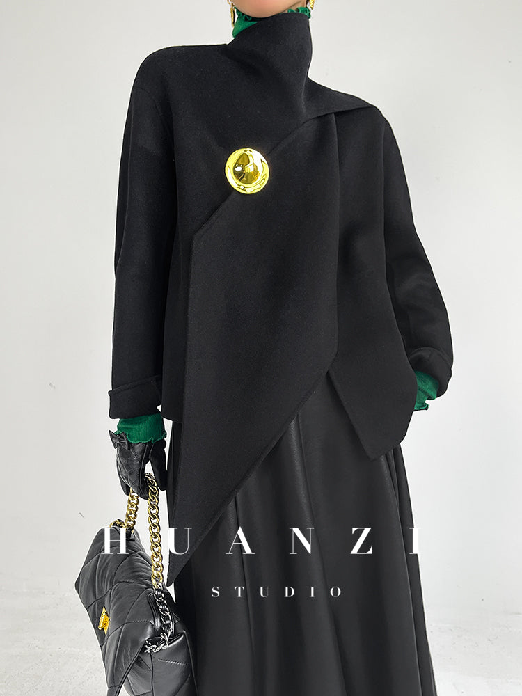 Huanzi wool tweed autumn  winter short cashmere double-sided coat - Talfy