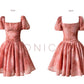 Aconiconi Luxury Square neck Short Puff Sleeve A-Line Short Dress- Sunset Rose Starry