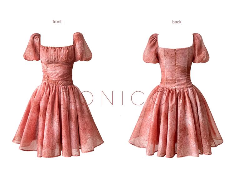 Aconiconi Luxury Square neck Short Puff Sleeve A-Line Short Dress- Sunset Rose Starry