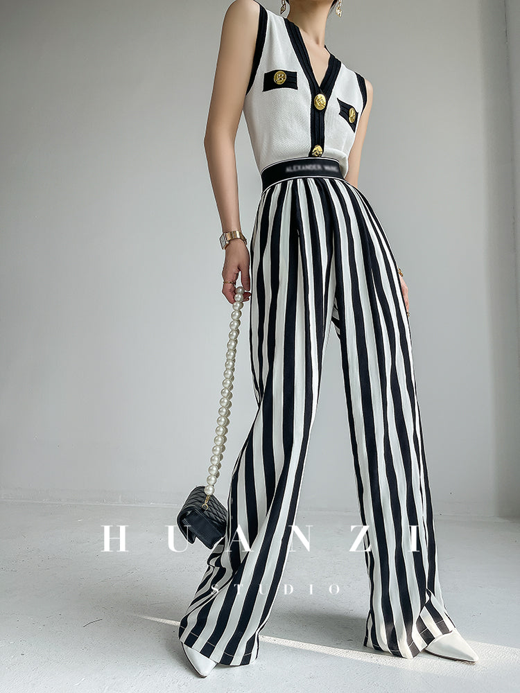 Huanzi high-end striped high-waist wide leg pants - Nuna