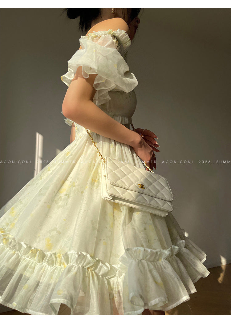 Aconiconi Luxury Off White floral print Puff Sleeve French cottaage bridal Dress- Yurui Chuning