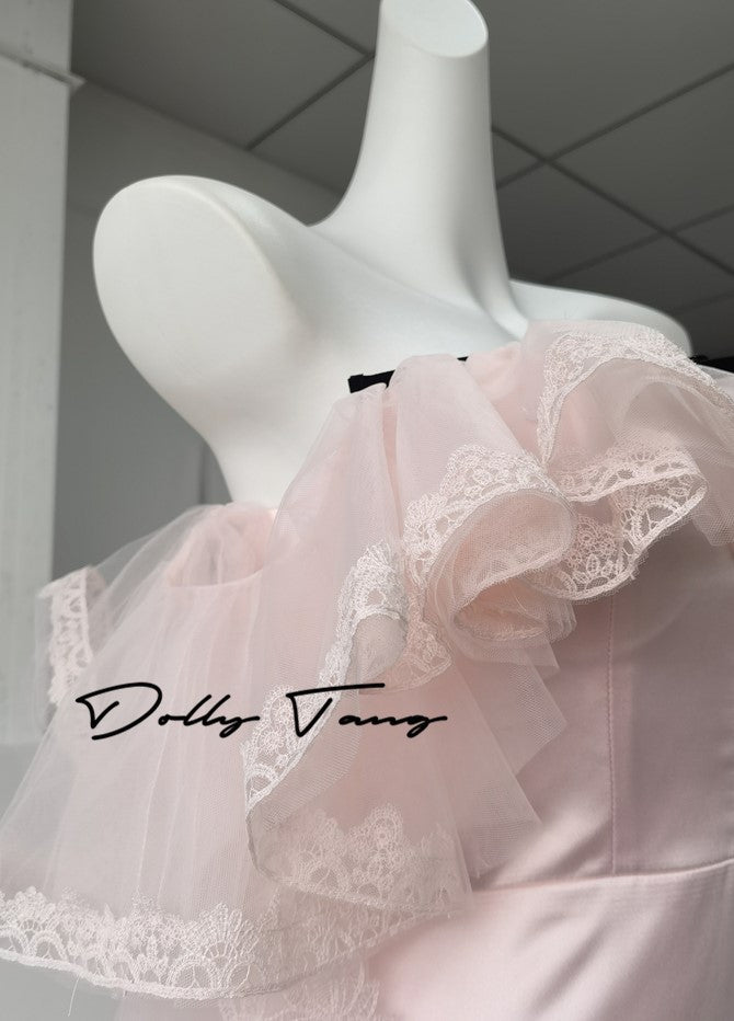 DOLLY Elegant Pastel pink Ruffle Sleeves Long Party Dress- Mina