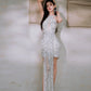 DOLLY High End White silver Glitter Deep V-Neck High Waist Long Party Dress-Xen