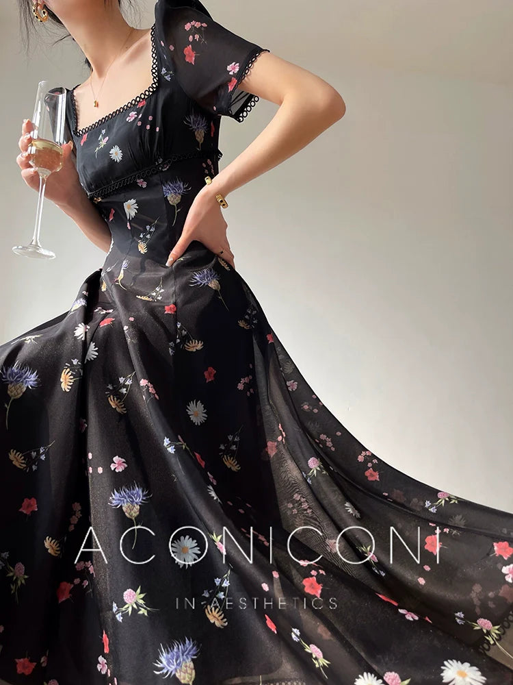 Aconiconi Elegant Black Floal Print Dinner Dress- Huajian Secret Realm