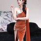 DOLLY Luxury Brown Velvet Greek Style Long Slit Banquet Dress-KARA