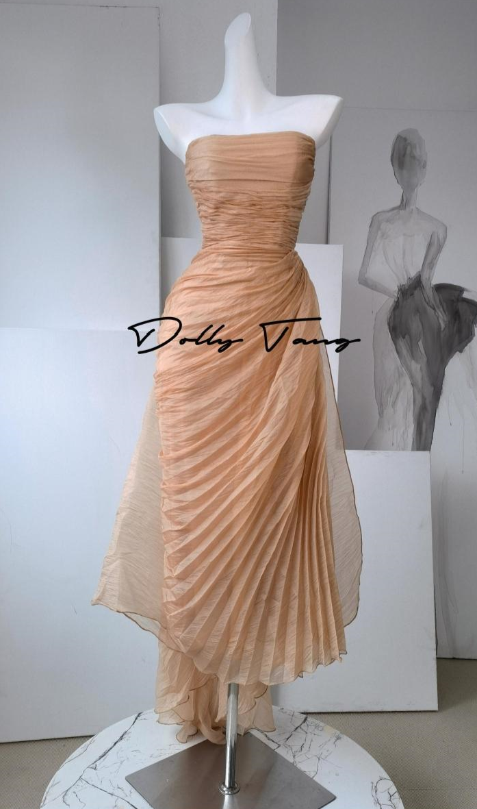 DOLLY High End Apricot Sleeveless Bandeau Slim Fit Pleated Cocktail Dress- Samai