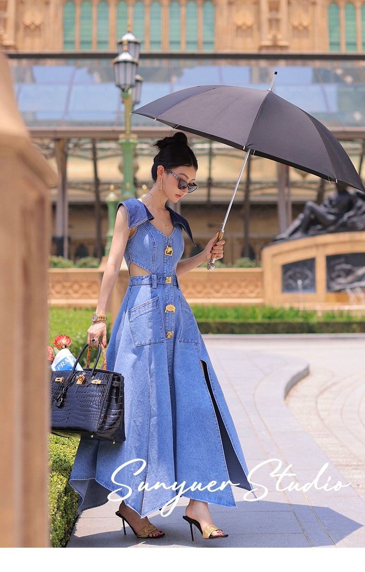 Elegant denim large lapel collar, cut-out waist summer slit long jean denim dress