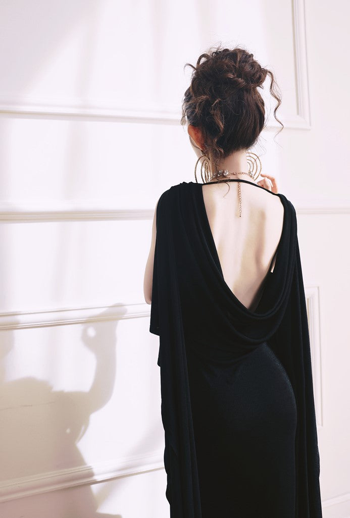 DOLLY Elegant Black Swing Collar Sleeveless Open Back Drape Dress-Kaka (V)