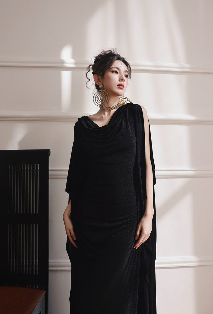 DOLLY Elegant Black Swing Collar Sleeveless Open Back Drape Dress-Kaka (V)