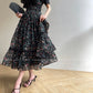 Aconiconi Elegant French Print Retro V-Neck Lace Tea Dress- Night Rose