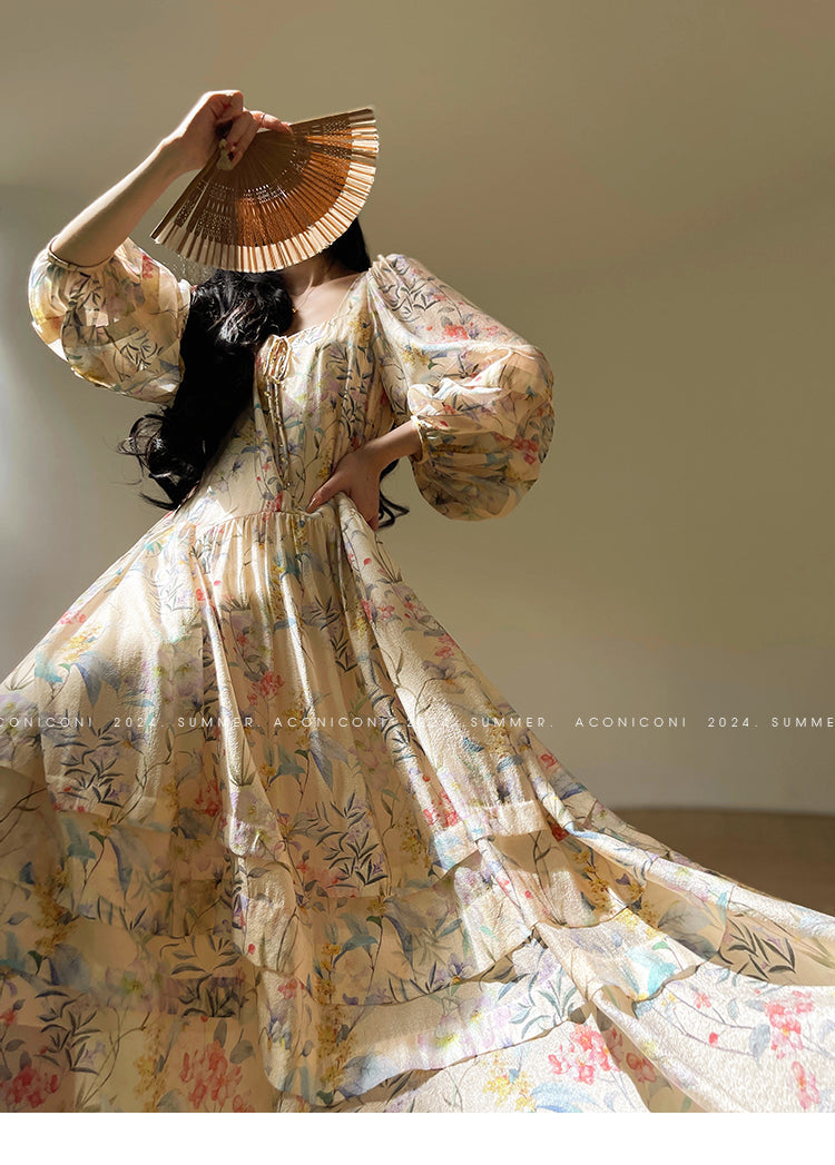 Aconiconi Elegant French Flower Print Puff Sleeve Loose Resort Dress-  Huatian Pear Cloud