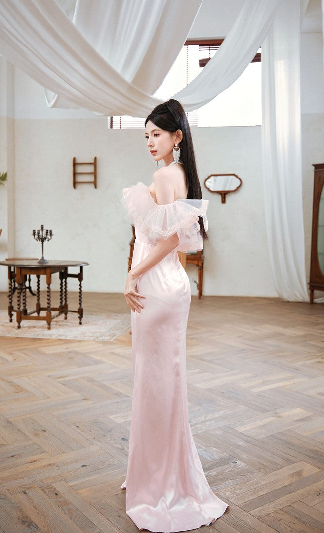 DOLLY Elegant Pastel pink Ruffle Sleeves Long Party Dress- Mina