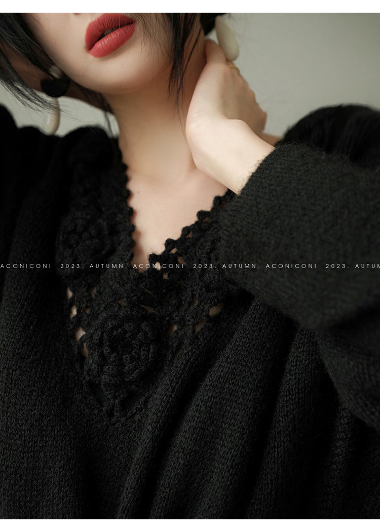 Aconiconi|Purple Flower Crochet openwork long cropped loose wool knit sweater  dress - Twilight