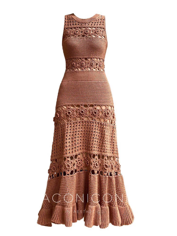 Aconiconi Elegant Brown Sleeveless 100% cotton Crochet Knitted Long midi Dress - Alice Dream