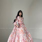 Aconiconi Elegant Floral french Print V-Neck Long Puff Sleeve Loose Waist vacation Dress - Flowery Love