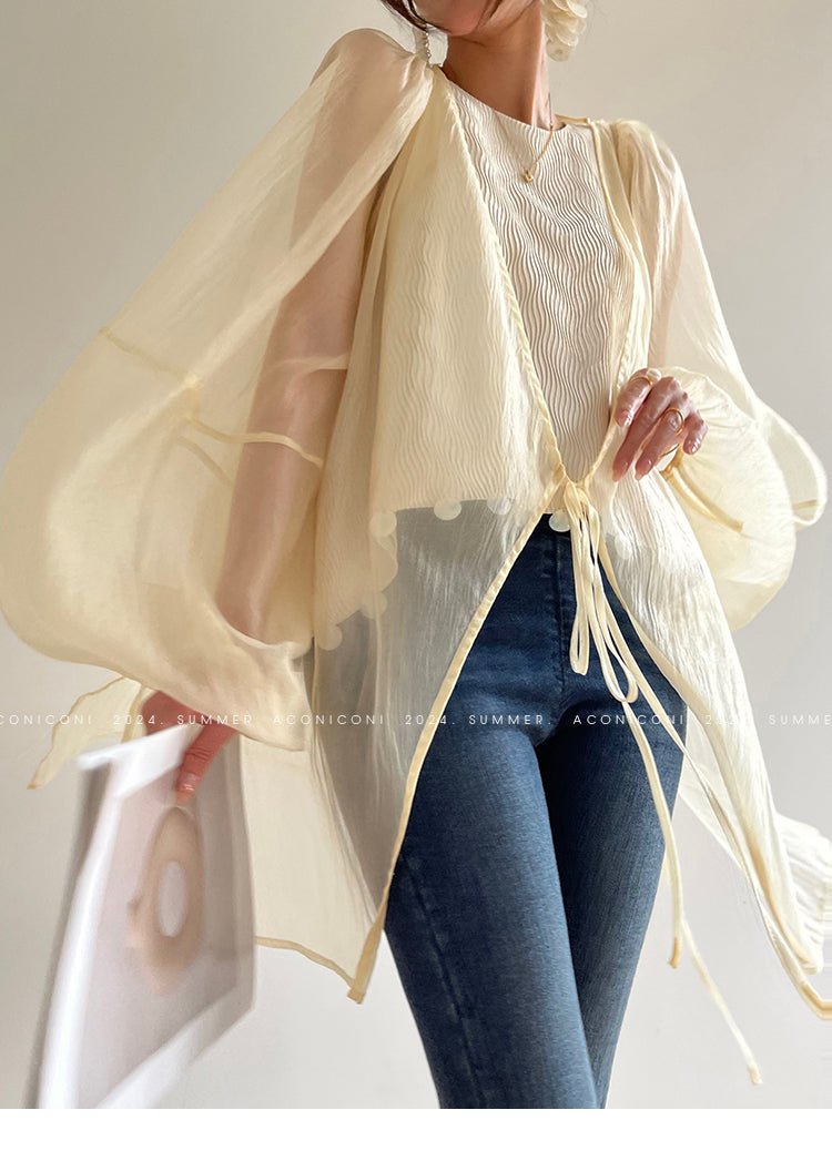 Aconiconi Elegant Beige Crew Neck Top/ High Waist Loose Long Skirt- Sea of Clouds Wind Chime