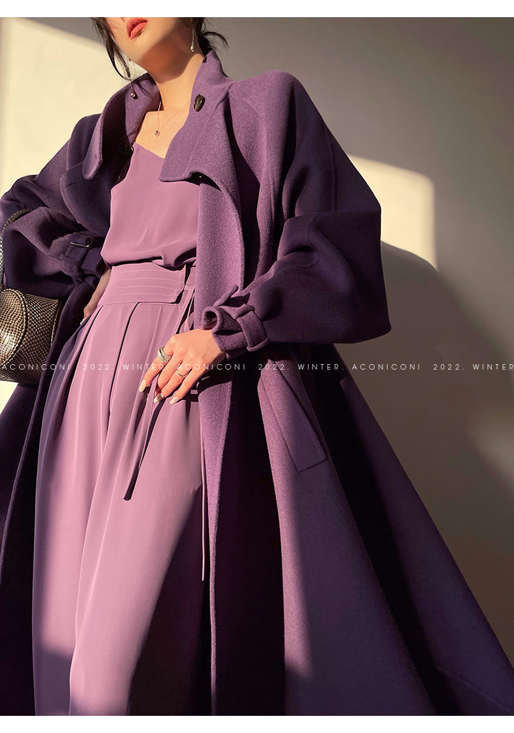 Aconiconi Autumn purple tan double-sided heavy wool cloak jacket long coat - Maple