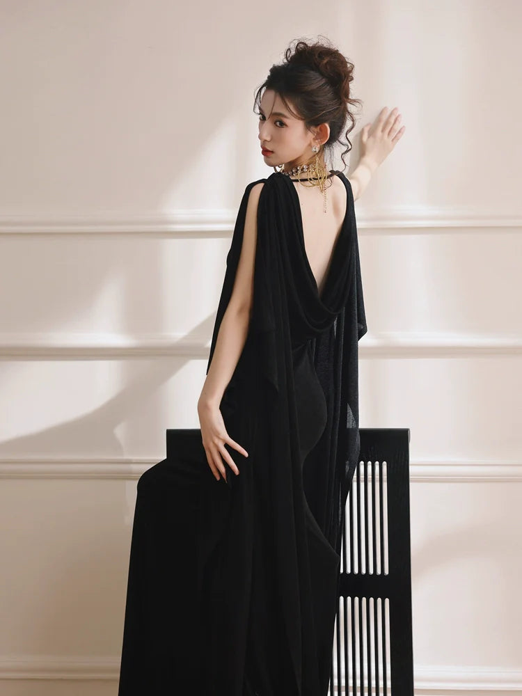 DOLLY Elegant Black Swing Collar Sleeveless Open Back Drape Dress-Kaka (V)