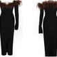 DOLLY High End Black Off Shoulder Long Sleeve Brown Feather Tube Top Dress-ADINA