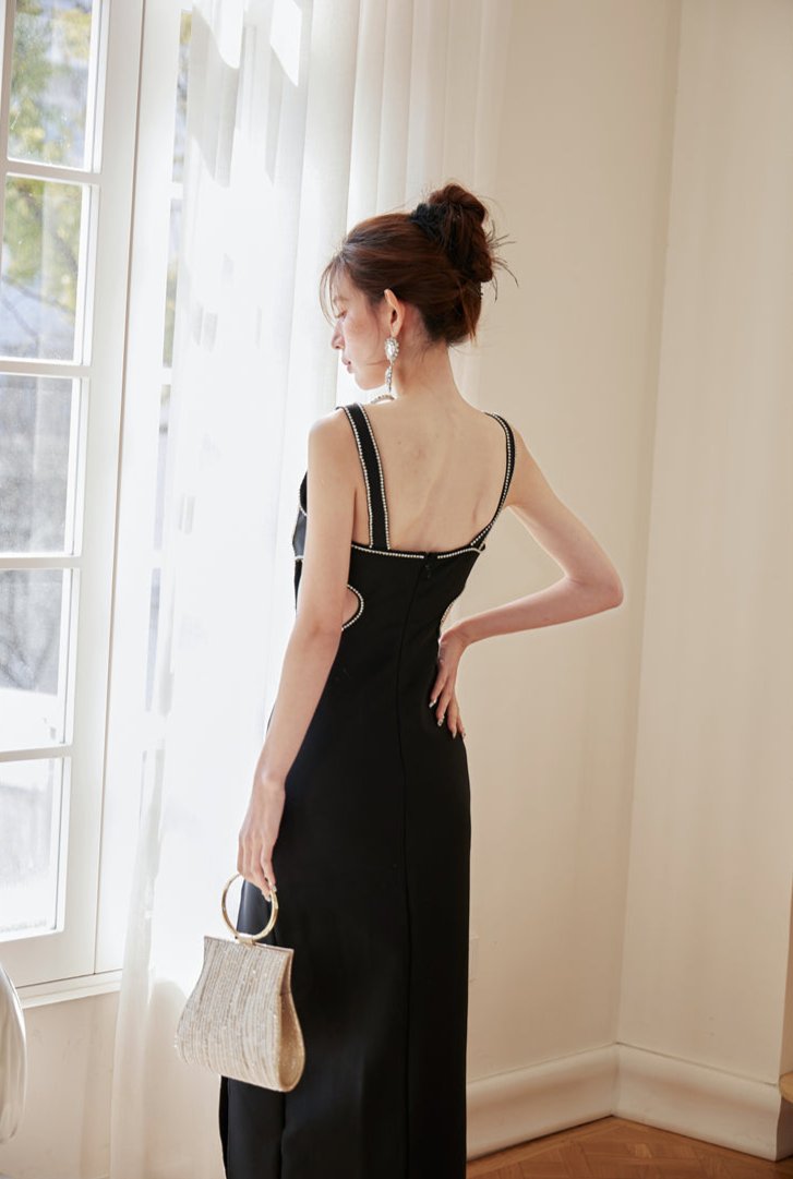 DOLLY Elegant Black V-Neck Sleeveless Waist Baring High Slit Long Cocktail Dress-IMELDA