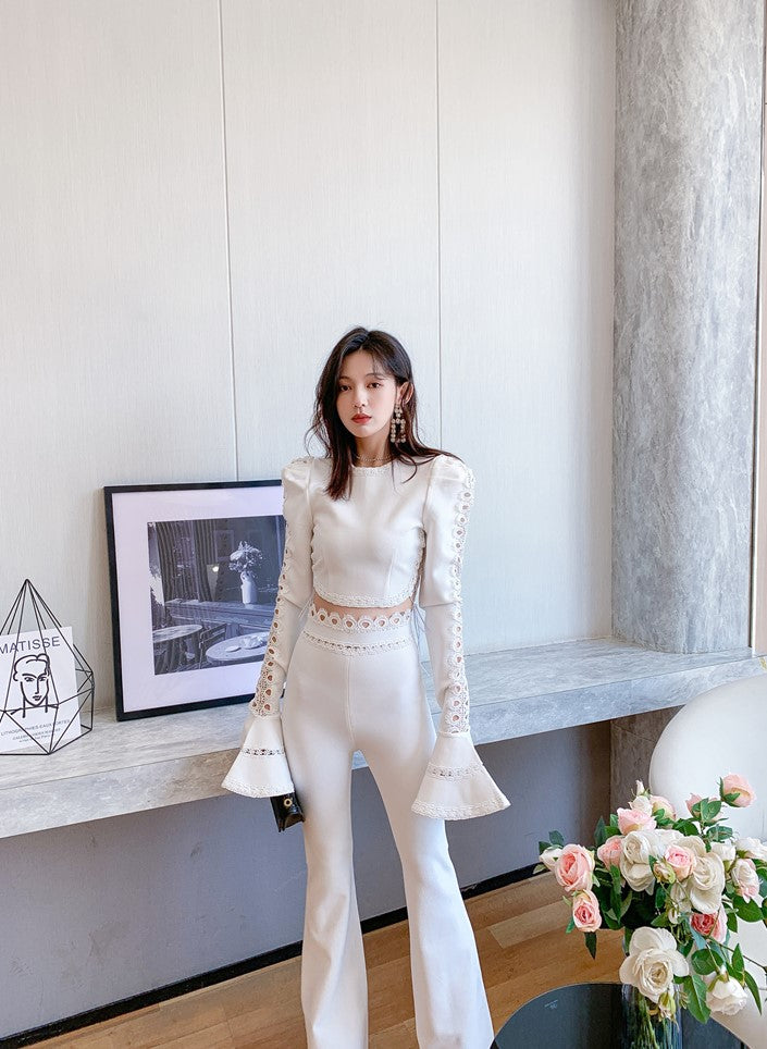 DOLLY Luxury Long Trumpet Sleeve Crop Top+ High Waist Long Flared Pants-LOLA