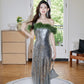DOLLY Luxury Sliver Retro Style Green Feather Tube Top Long Glitter Party Dress-THEKLA