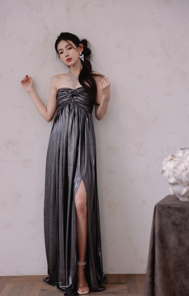 DOLLY Luxury Metallic Ash Pleated Tube Top Long Slit Dress-VIVA