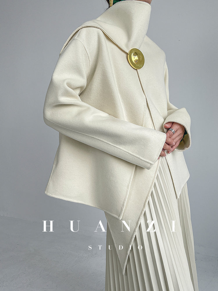 Huanzi wool tweed autumn  winter short cashmere double-sided coat - Talfy