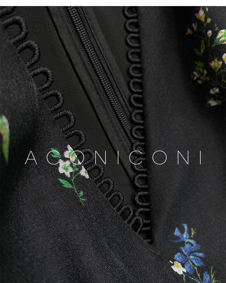 Aconiconi Luxury Black Retro Floral Print V-Neck Slim Waist Midi Cocktail Dress- Dark Fragrance