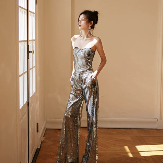 DOLLY Luxury strapless Sequin Top + Long Sequin High Waist Flare Pants suit setpantpa-THEA