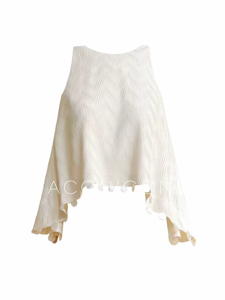 Aconiconi Elegant Beige Crew Neck Top/ High Waist Loose Long Skirt- Sea of Clouds Wind Chime