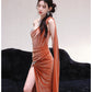 DOLLY Luxury Brown Velvet Greek Style Long Slit Banquet Dress-KARA