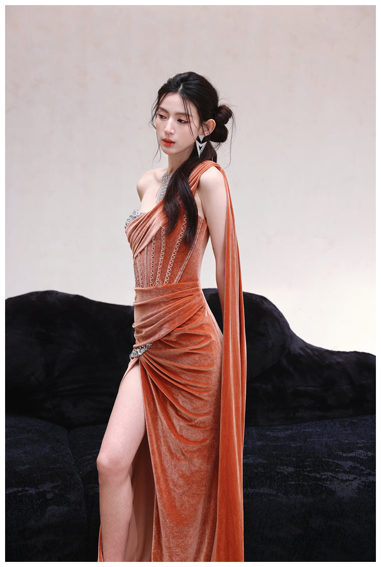 DOLLY Luxury Brown Velvet Greek Style Long Slit Banquet Dress-KARA