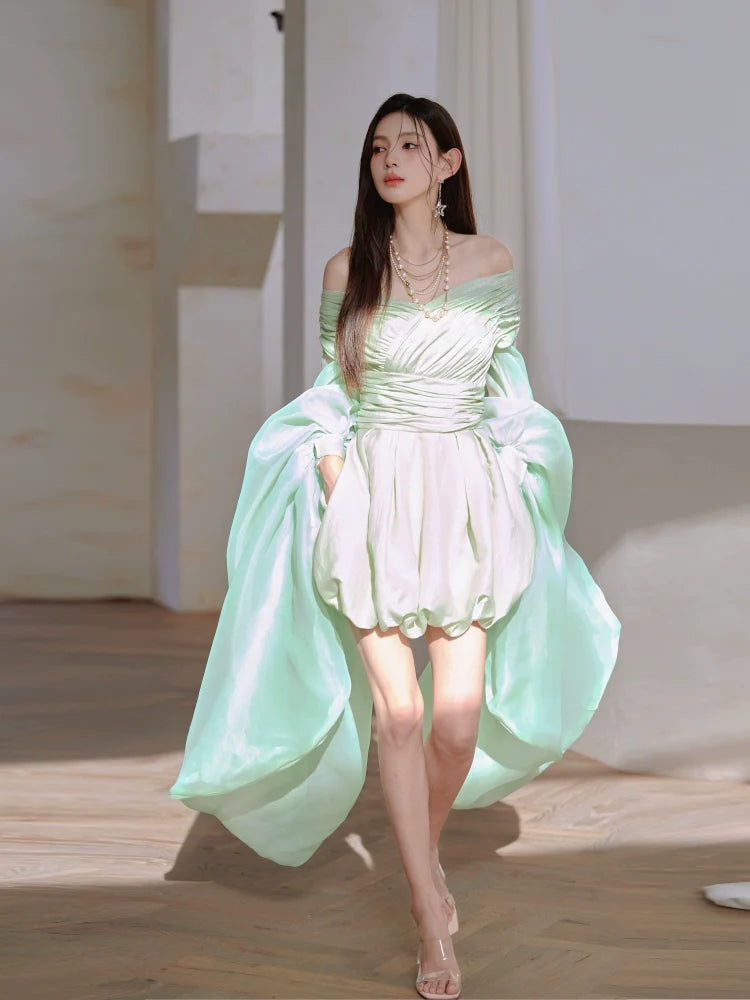 DOLLY High End Green ombre Off Shoulder Puff Sleeves Pleated Tutu Dress- Tulip