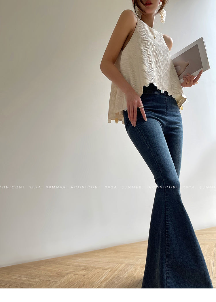 Aconiconi Elegant Beige Crew Neck Top/ High Waist Loose Long Skirt- Sea of Clouds Wind Chime