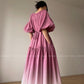 Aconiconi Elegant Grape Gradient V-Neck Puff Sleeve Loose Long Dress- Grape Cotton Cloud