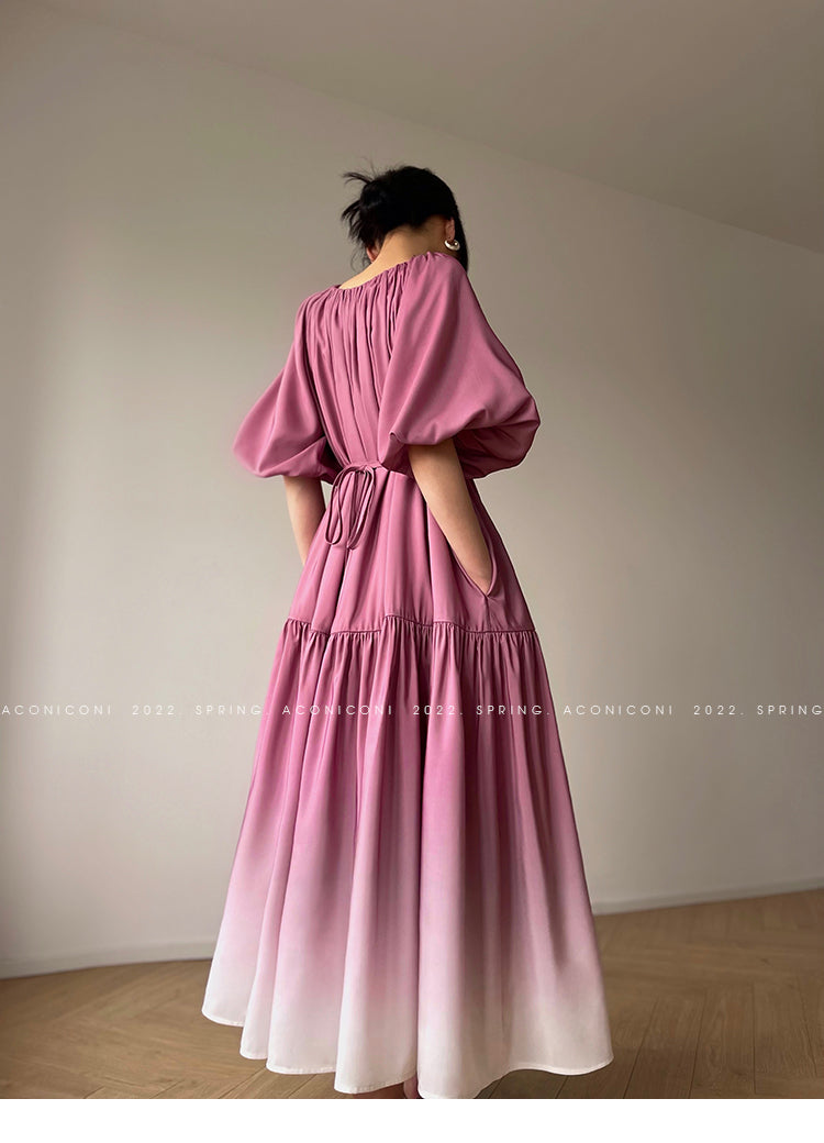 Aconiconi Elegant Grape Gradient V-Neck Puff Sleeve Loose Long Dress- Grape Cotton Cloud