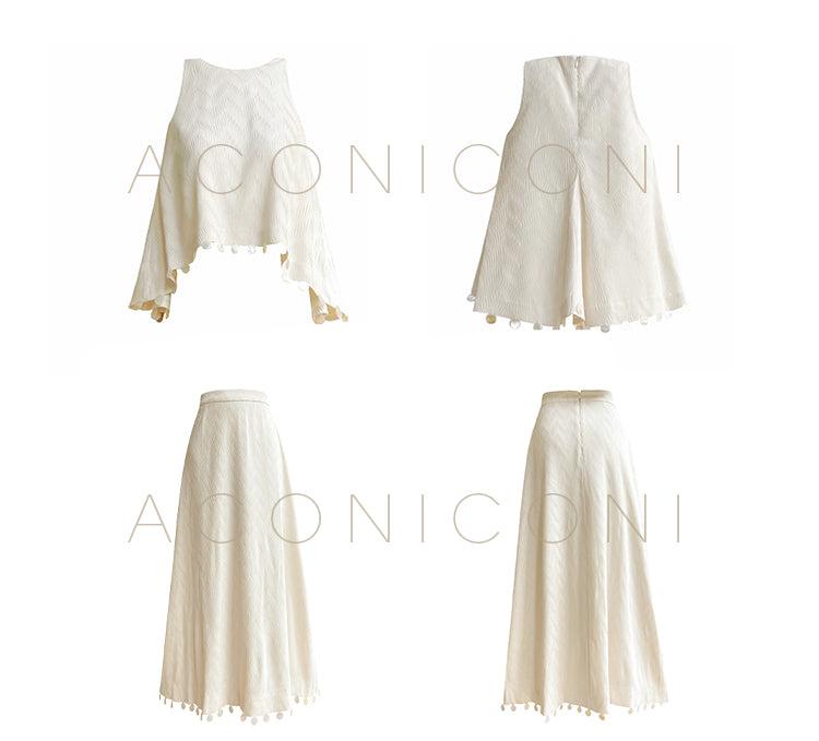 Aconiconi Elegant Beige Crew Neck Top/ High Waist Loose Long Skirt- Sea of Clouds Wind Chime