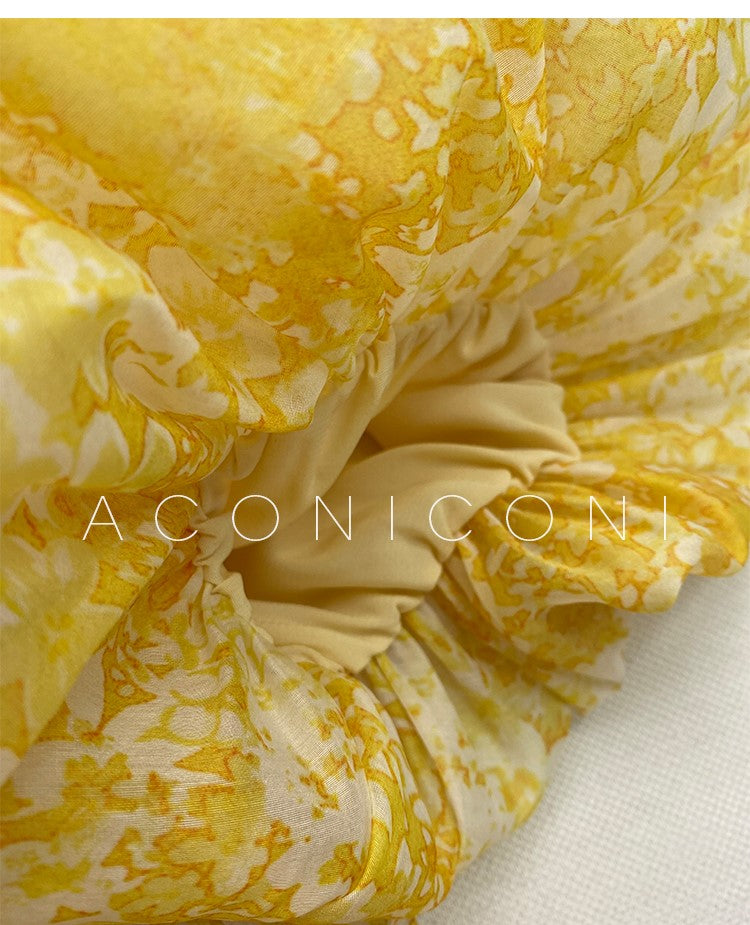 Aconiconi Elegant Yellow V-NeckPuff Sleeve Vacation Dress- Manshan