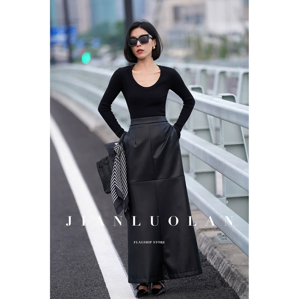 Huanzi customized loose slit midi black skirt - Swan