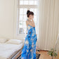 DOLLY Elegant Blue Sleeveless Printed Halter Neck Chiffon Long Resort Dress-HARRIET