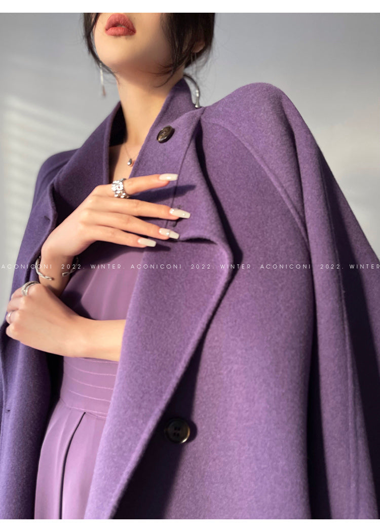 Aconiconi Autumn purple tan double-sided heavy wool cloak jacket long coat - Maple