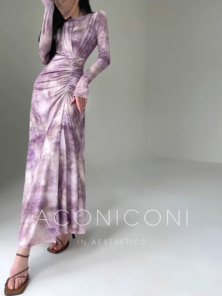 Aconiconi Elegant ruched waist Gradient/Black Stretch Long Chic Dress- Clouds