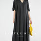 Huanzi high-end satin black V-neck slim pleated dress - Nigoi