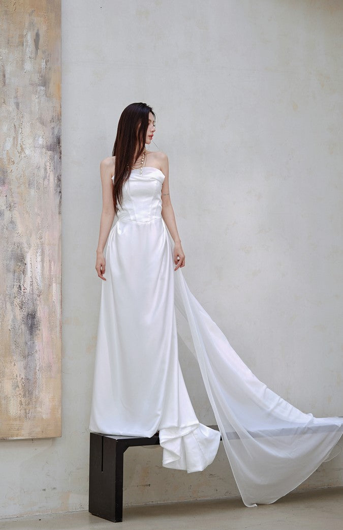 DOLLY Luxury White Bandeau Stain High Waist Long Wedding Dress-Lola