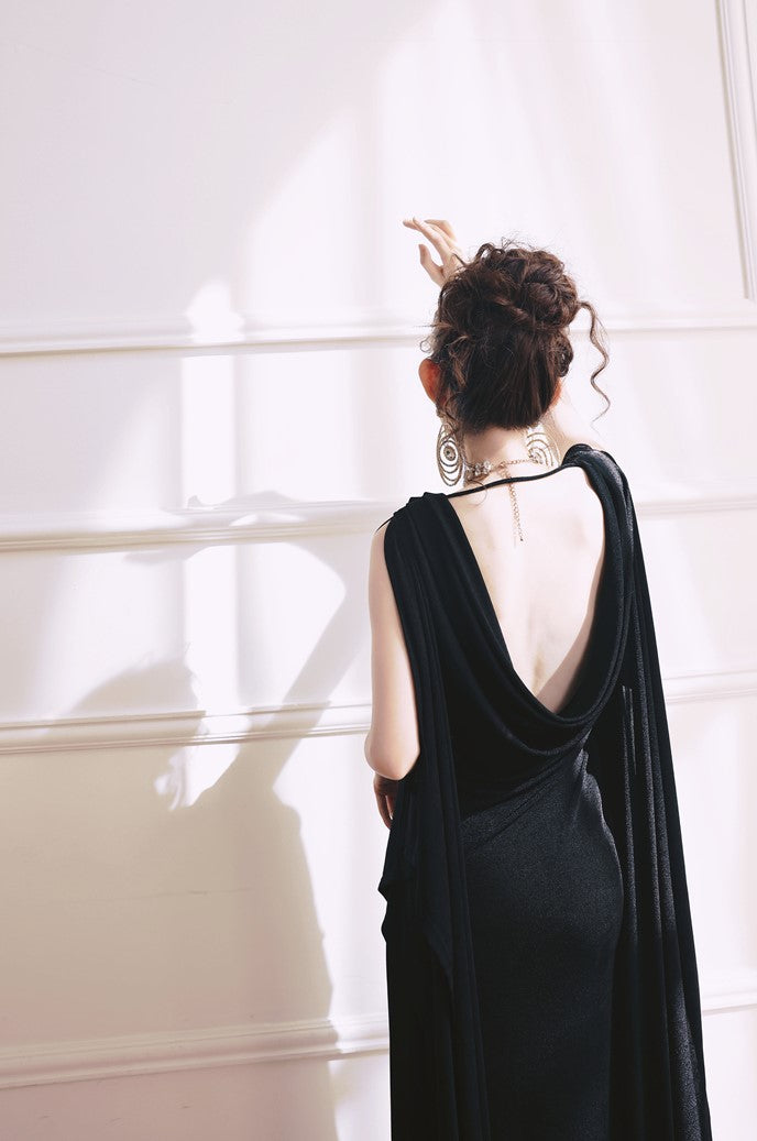 DOLLY Elegant Black Swing Collar Sleeveless Open Back Drape Dress-Kaka (V)