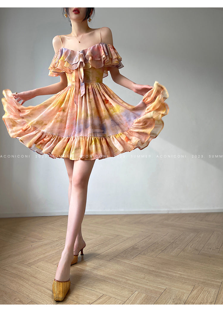 Aconiconi Elegant Oil Painting Square Collar Ruffle cocktail Dress- Floating Light Painting Summer